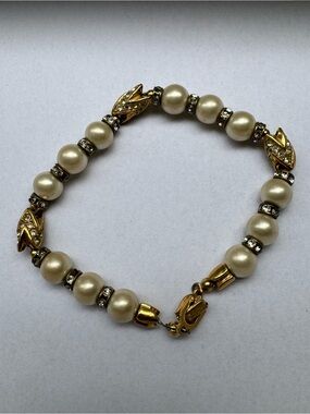 Christian Dior Vintage Signed Bracelet Gold Tone Faux Pearl Rhinestone